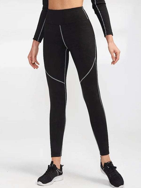 Women's high waist insulated yoga leggings SF1952 for warmth and comfort in black, full-length design with elastic waist.
